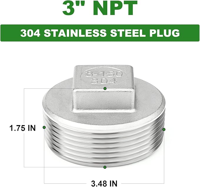 TAISHER 1PCS 304 Stainless Steel Outer Square Thread Socket Pipe Plug Fitting 3" NPT Male