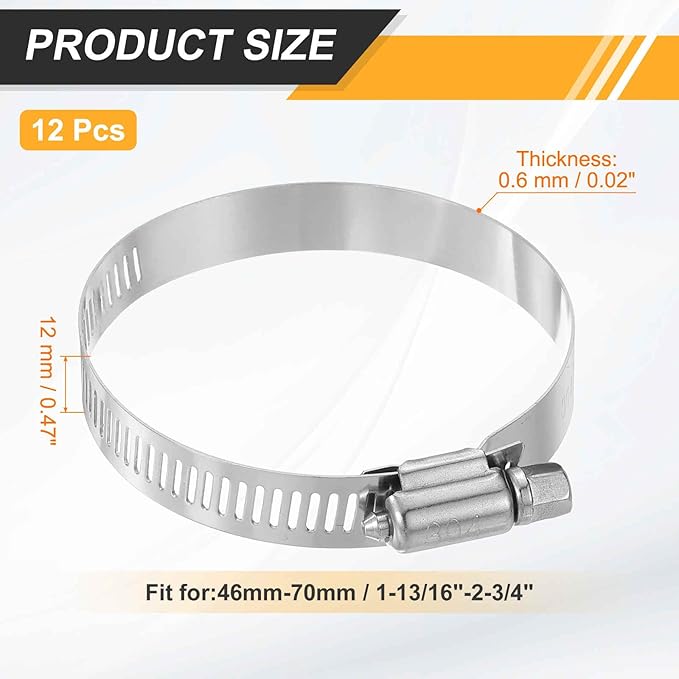HARFINGTON 12 Pcs Hose Clamp 1-13/16"-2-3/4" (46-70mm) 304 Stainless Steel Adjustable Worm Gear Hose Clamp with Phillips Screw Assortment Kit for Fuel Line Pipe Plumbing Automotive Tube