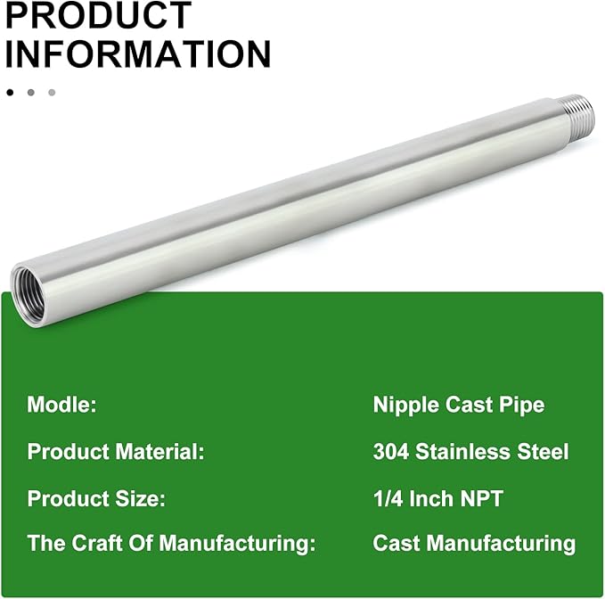 TAISHER 2PCS Stainless Steel Pipe Fittings, 1/4" NPT Male x 1/4" NPT Female Threaded, 12" Length Nipple Cast Pipe