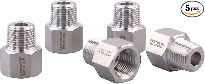 Forged Reducer Adapter Fitting - Stainless Steel 304 Reducing Pipe Connector, 3/8" NPT Female x 3/8" NPT Male (pack of 5)