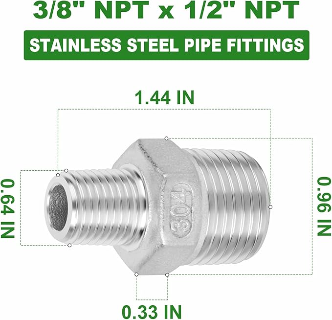 TAISHER 5PCS Cast 304 Stainless Steel Hex Nipple, Reducer Pipe Fitting 1/2-Inch Male Pipe x 3/8-Inch Male Pipe