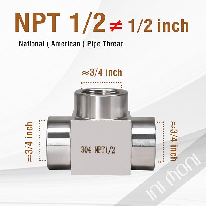 NPT 1/2 tee pipe fitting female thread 3 ways T adapter, stainless steel hose fitting tee t shape pipe connector for outdoor irrigation setup/pressure gauge, 4350 psi