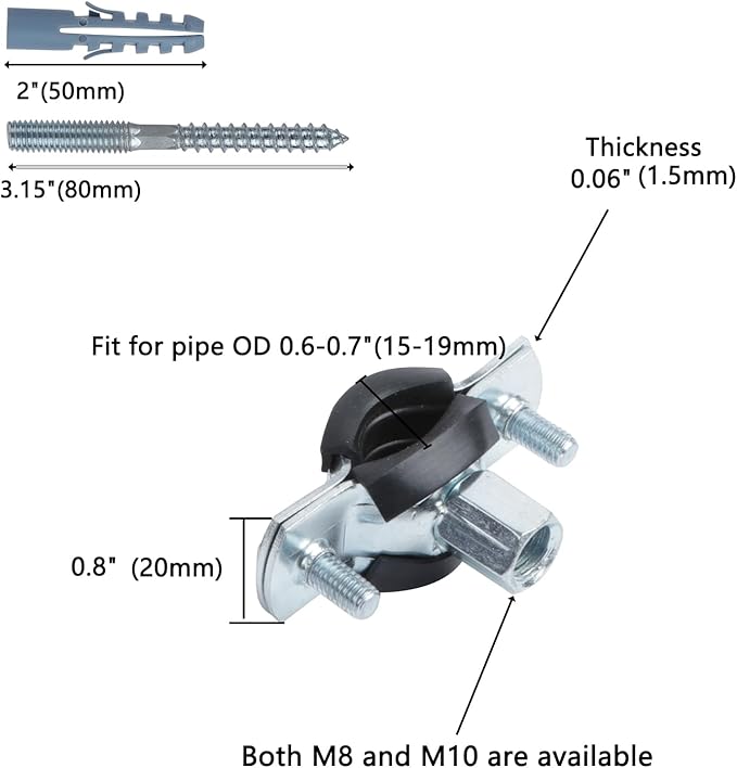 6 PCS Split Ring Pipe Hanger, Heavy Duty Adjustable Pipe Bracket Clamp with Screw & Expansion Tube, Wall Ceiling Mount Galvanized Iron Pipe Strap Supports Fit for Pipe OD 0.6-0.7 Inch(15-19mm)