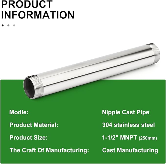 TAISHER 1PCS Stainless Steel Pipe Fittings, 1-1/2" NPT Male x 1-1/2" NPT Male Threaded, 10" Length Nipple Cast Pipe