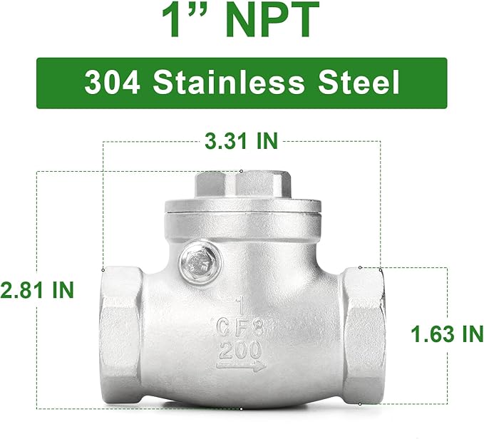 TAISHER 1PCS 304 Stainless Steel 1" NPT Female Swing Check Valve，Backflow Prevention, One Way Check Valve CF8 WOG 1000