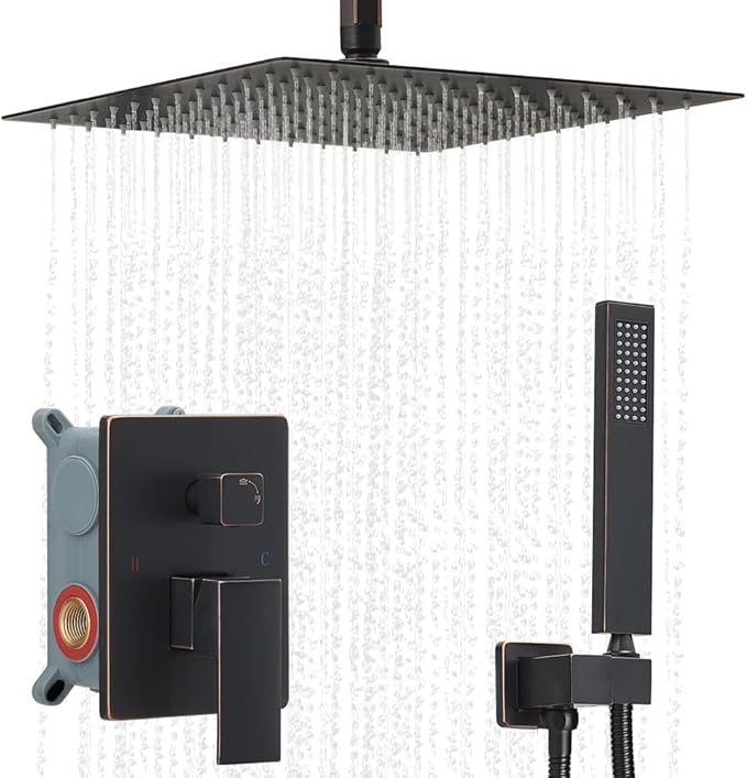 ‎Oil Rubbed Bronze Shower System Bathroom 12 Inch Rain Shower Head Ceiling Mount with Handheld Luxury High Pressure Shower Combo Set Shower Faucet Rough-in Valve Body and Trim Kit