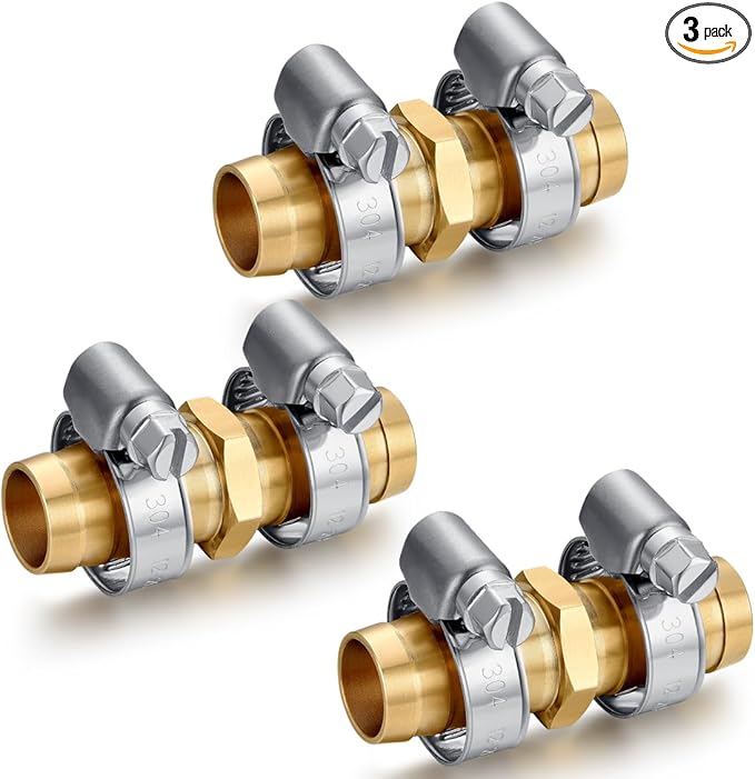 Solid Brass Garden Hose Repair Connector with Clamps Hose Repair Kit, 5/8"Barb Garden Hose Fittings (5/8"Barb-3 Set)