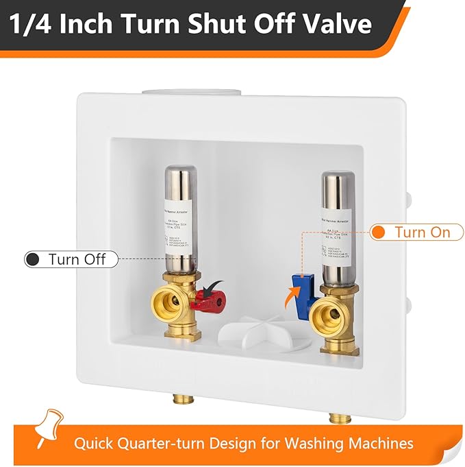 1-Pack HeSun Washing Machine Outlet Box,Pex A Expansion Washer Box with Drain, 1/2 Inch PEX-A Inlet x 3/4 Inch MHT Outlet,with Stainless Steel Arrestor,ASTM F1960,White(WM008)