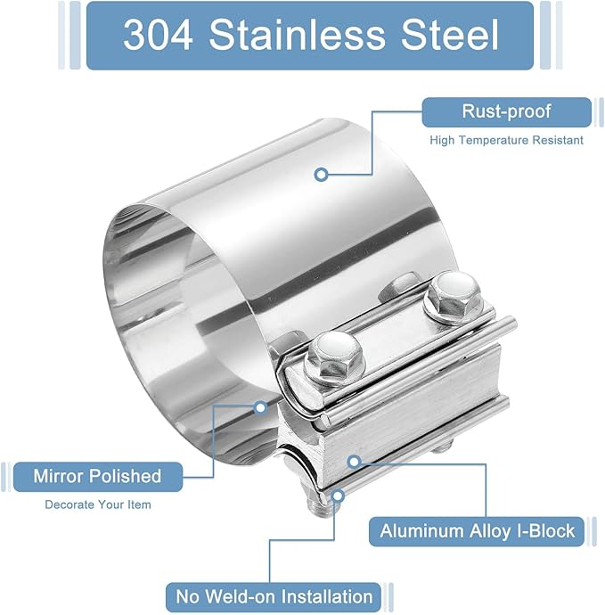 uxcell 3.3 Inch Exhaust Clamp, 304 Stainless Steel Butt Joint Band Clamp Sleeve Coupler Pipe Repair Clamp Universal Widening Clamp for Exhaust Pipes Mufflers, Silver