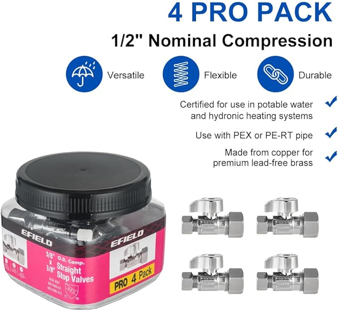 Pro 4-Pack EFIELD Angle Stop Valve 1/2" Nominal (5/8" OD) Compression x 3/8" OD, 1/4-Turn, Heavy-duty, Chrome Plated LF Brass,(VALVE370)