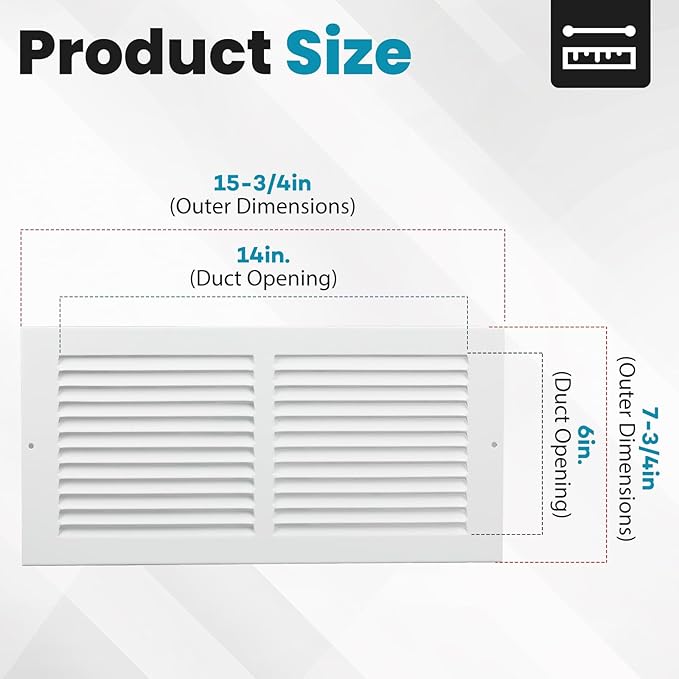VOISEN Return Air Grille,Fits 14x6 Duct Opening,Steel Return Vent Cover, White Vent Cover Grill for Sidewall and Ceiling,HAVC Cold Air Return Vent Cover,Overall Size:15.8"W X 7.9"H