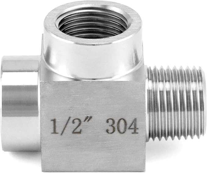 QWORK Stainless Steel Pipe Fitting - 304 Grade, Street Tee, Male Run Tee, 1/2" NPT Male x 1/2" NPT Female x 1/2" NPT Female