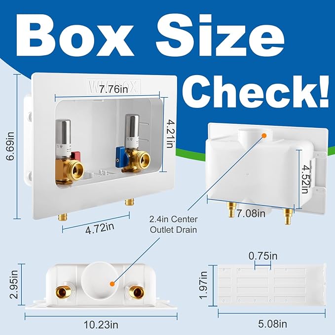 Washing Machine OutLet Box With Stainless Steel Water Hammer Arrestor,1/2 Inch Pex Crimp Inlet x 3/4 Inch MHT Outlet, F1807 Center Drain Laudry Box