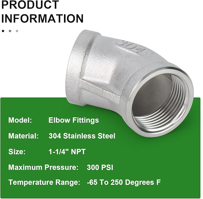 TAISHER 2PCS 304 Stainless Steel 45 Degree elbow,1-1/4" NPT Female x 1-1/4" NPT Female 304 Stainless Pipe Fitting