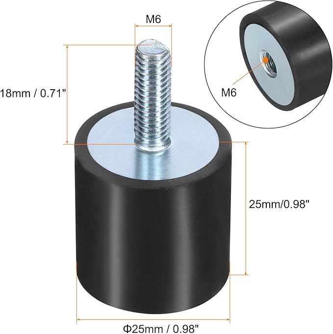 uxcell 8pcs M6x18mm Rubber Isolator Mounts with Studs 25x25mm Male Female Vibration Shock Absorber Zinc Plated Cylindrical Thread Mounts Anti Vibration Isolators with 8pcs M6 Lock Nuts