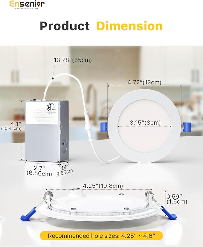 Ensenior 12 Pack 4 Inch LED Recessed Ceiling Light, Dimmable, 6000K Clear White, 750LM 9W 120V, High Brightness Canless Wafer Downlight - ETL&FCC&IC