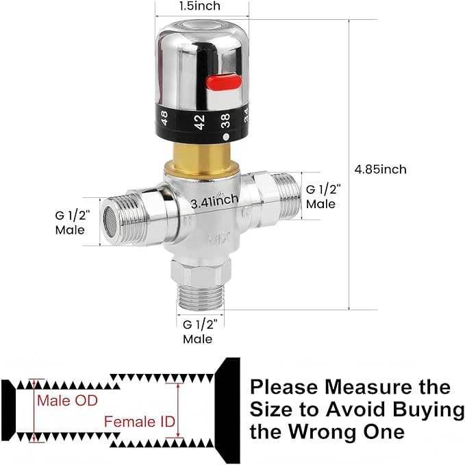 3-Way Thermostatic Mixing Valve, DN15 Temperature Control Bathroom Faucet and Shower Water Mixer Valve G1/2 NPS Male Connections,Chrome…