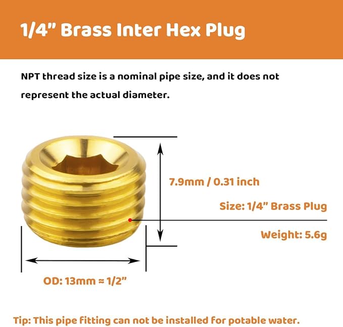 (6-Piece) Besosay 1/4" NPT Brass Pipe Plug Fitting, Counter Sunk Thread Internal Hex Head Style Male for Closing the End of Pipe