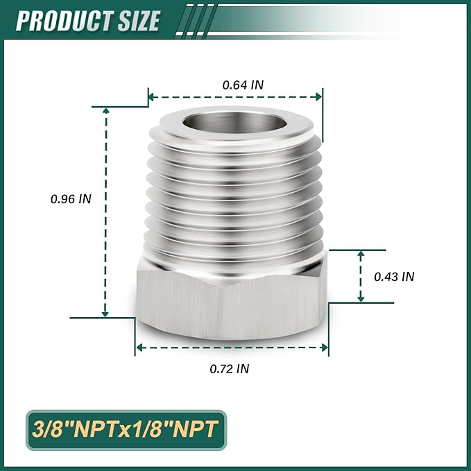 5PCS 304 Stainless Steel Reducer Hex Bushing, 3/8" NPT Male x 1/8" NPT Female, Reducing Pipe Adapter Fitting, for Air/Fuel/Water/Gas/Oil