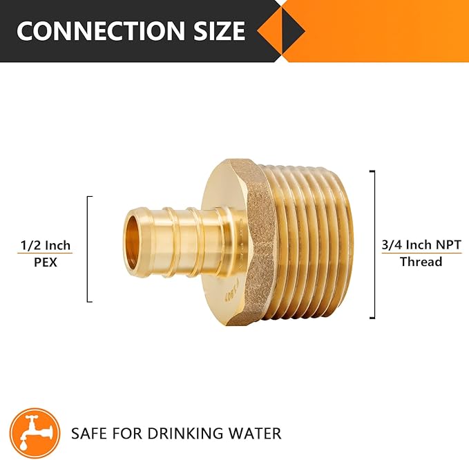 HeSun 10-Pack PEX Fittings, 1/2" PEX x 3/4" Male NPT, Brass Crimp Male Adapter, ASTM F1807