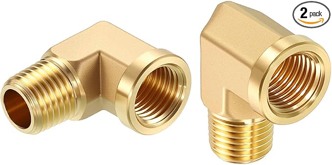 2 Pack Brass Pipe Fittings, 90 Degree 1/4" NPT FeMale to 1/4" NPT Male Barstock Street Elbow, Forged Pipe Fitting Connector for Air, Oil, LP
