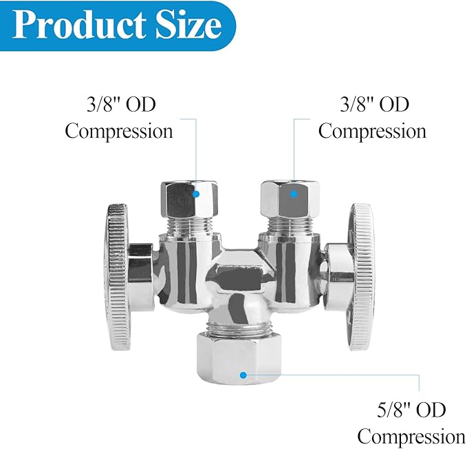 WiseWater 5/8" x 3/8" x 3/8" Compression Dual Shut Off Valve, Chrome Plated Brass 1/4 Turn Double Straight Stop Valve for Refrigerator, Ice Maker, Coffee Brewers, Water Filters (2 Pack)
