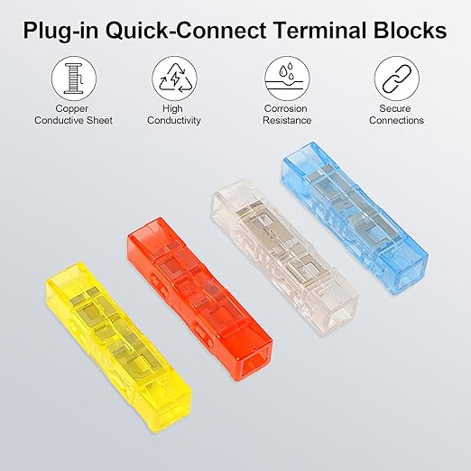 20Pcs Plug-in Quick-Connect Terminal Blocks, 1-in-1-out Wire Connectors, Convenient Wiring KV12, Replaces Electrical Tape (Red Blue Yellow White)