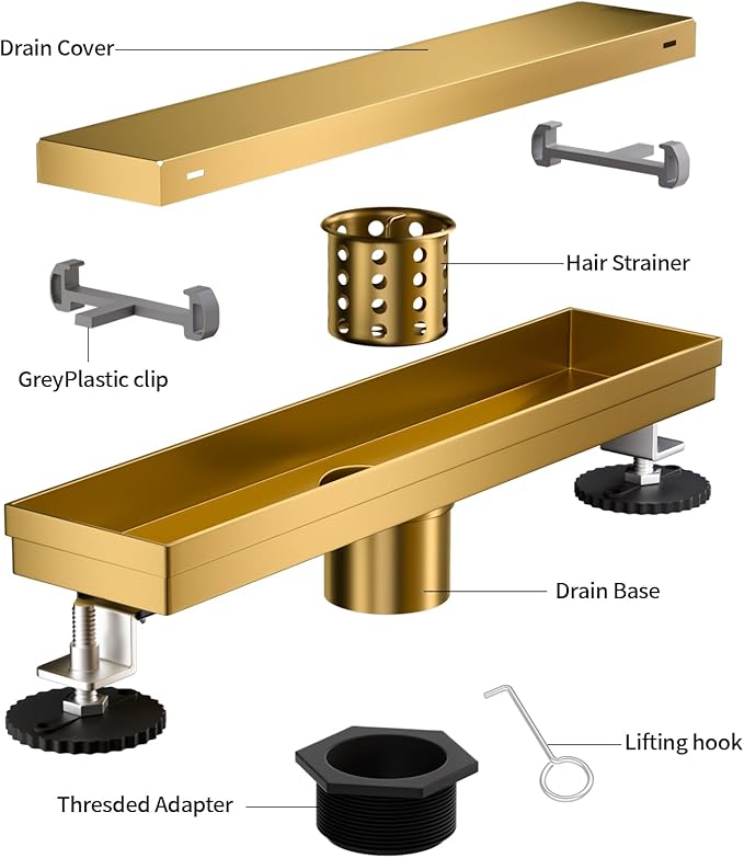 Linear Shower Drain, 304 Stainless Steel with Adjustable Leveling Feet, Hair Strainer,Reversely Install Place to Create an Invisible Floor Drain - Gold -54-Inch