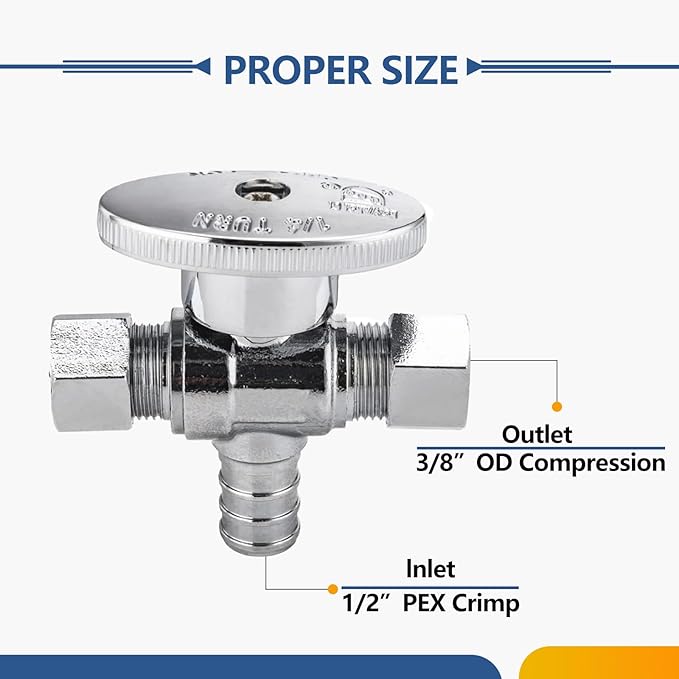 30-Pack GUOFIS PEX Angle Stop Valve with Dual Compression Outlet,1/2" PEX Crimp Inlet x (3/8" x 3/8") Outlet Shut-off Valves(1/4 Turn,Chrome)(VALVE125-30Pack)