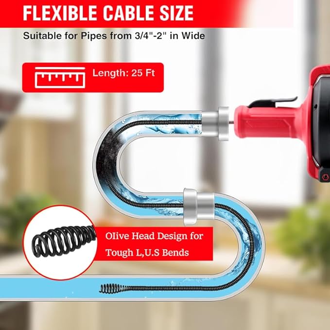 21V Cordless Electric Drain Auger, Plumbing Snake with 23FT Telescopic Cable & Battery & Charger, Suitable for Kitchen, Bathroom, Shower Pipes