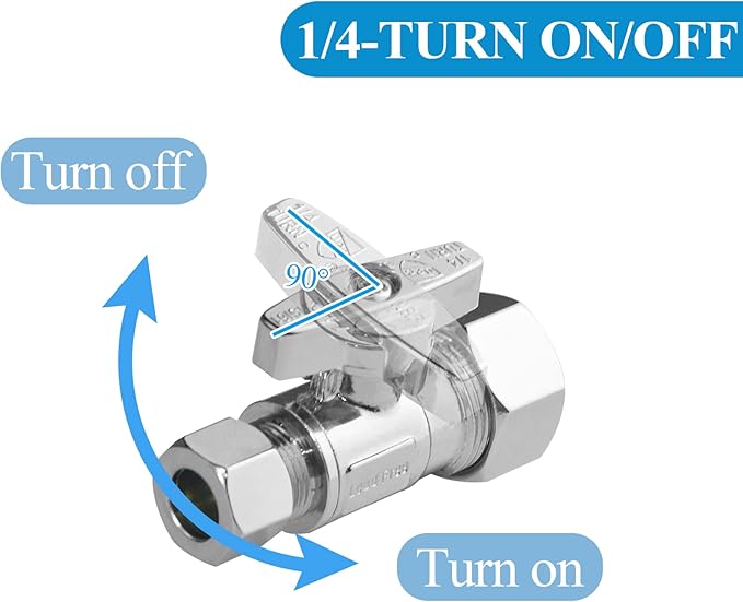 WiseWater Straight Stop Valve, 1/2" Nominal (5/8" OD) x 3/8" OD Water Shut Off Valve, 1/4 Turn Heavy-Duty Shut Off Chrome Plated Brass Fittings (Pack of 5)