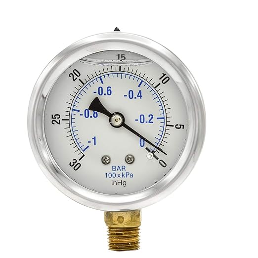 PIC Gauges PRO-201L-254A 30"-0 hg Vacuum PSI Pressure Gauge, 2 1/2" Dial, 1/4" Male NPT Connection, Bottom Mount, Dual Scale, Glycerin Filled, Stainless Steel Case/Bezel, Brass Internals & Plastic Lens