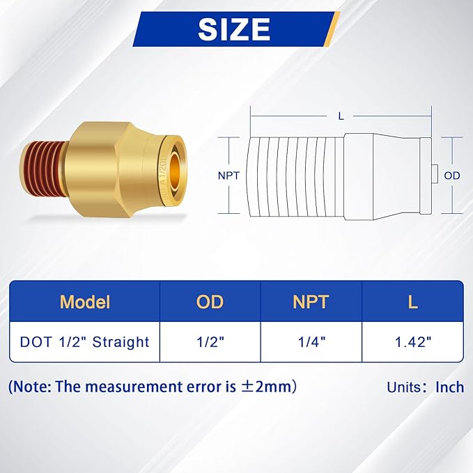 1/2" Brass Push to Connect DOT Air Brake Fittings, 3PCS Air Line Quick Connect Fittings 1/2" Tube OD x 1/4" NPT Connector Tube to Male Pipe for Truck Trailers Air Brake System