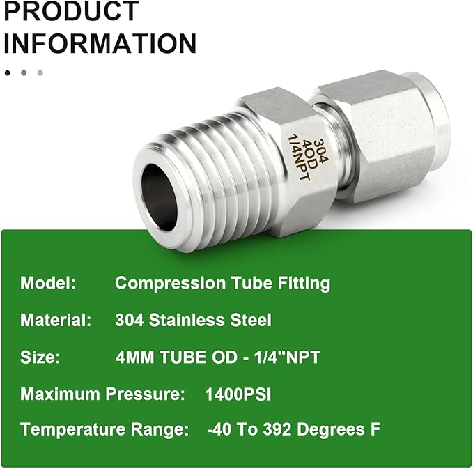 TAISHER 5PCS 304 Stainless Steel Compression Tube Pipe Fitting Connector, 4MM Tube OD x 1/4" NPT Male Straight Adapter