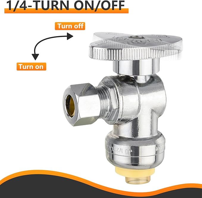 HeSun 100-PCs Push-Fit Angle Stop Valve, 1/2" Push x 1/4" OD Compression Angle Stop, 1/4 Turn Water Shut Off Valve for Bathroom with Disconnect Clip Tool