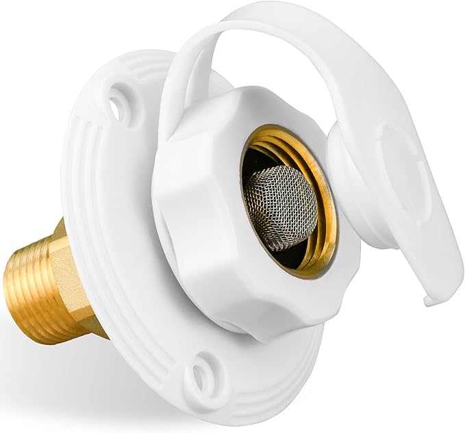 RV City Water Inlet with Brass Check Valve, Fresh Water Fill Flange for Camper Hookup, Durable RV Water Replacement Connection Fittings, White