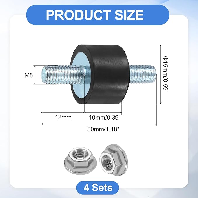 uxcell 4Pcs M5 x 12mm Rubber Mounts, 10 x 15mm Cylindrical Anti Vibration Isolator Studs Shock Absorber Double Studs with Nuts for Car Bobbin Generator Air Compressors