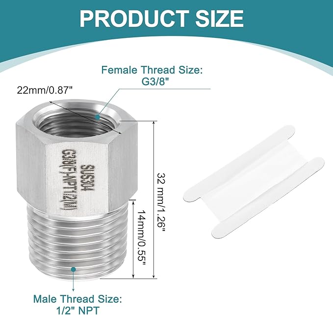 uxcell Pipe Fitting Reducing Adapter, 1/2" NPT Male x G3/8" Female 304 Stainless Steel Reducer Connector for Water Oil Air Pressure Gauge, Silver