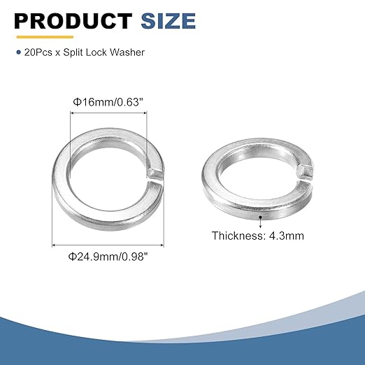 uxcell 20 Pcs M16 Split Lock Washers, 304 Stainless Steel Spring Lock Washer 16mm ID 24.9mm OD 4.3mm Thick for Screws Bolts Fasteners