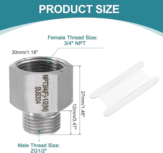 uxcell Pipe Fitting Reducing Adapter, ZG1/2" Male x 3/4" NPT Female 304 Stainless Steel Reducer Connector for Water Oil Air Pressure Gauge, Silver