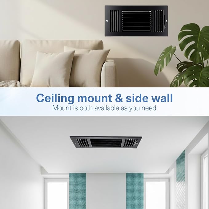 6 Pcs Black 14 x 6 Inch Three-Way Ventilation Register Air Ceiling Vent Cover Floor Register Metal Heat Vent Covers with Rust Proof for Wall Ceiling Home Bathroom Toilet or Office