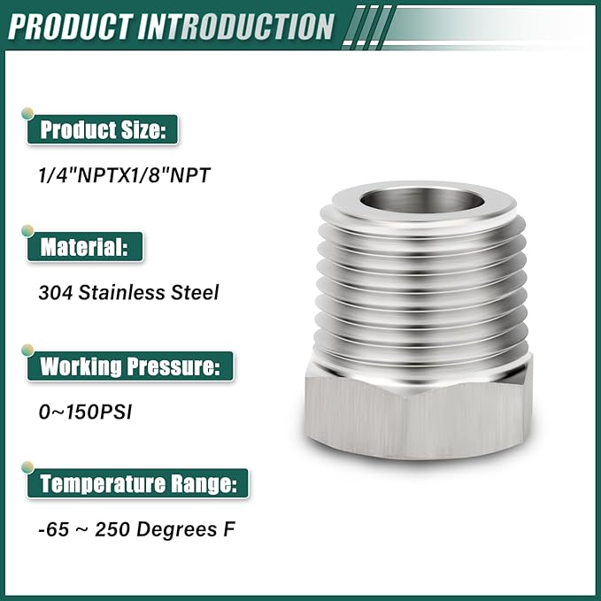 2PCS 304 Stainless Steel Reducer Hex Bushing, 1/4" NPT Male x 1/8" NPT Female, Reducing Pipe Adapter Fitting, for Air/Fuel/Water/Gas/Oil