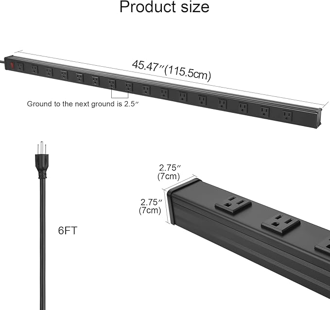 Long Heavy Duty Metal Power Strip - 16 Outlet Large Industrial Multi Wide Strip for Garage Workshop - 15 FT Cord, 15A, 125V, 1875W, Black