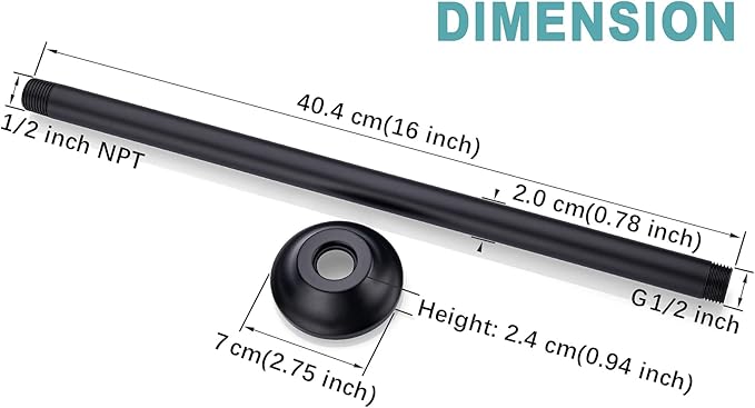 BESTILL 16 Inch Ceiling Mount Rain Shower Head Arm and Flange, Matte Black