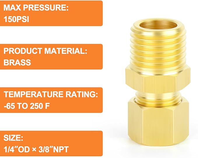 GASHER 10PCS Brass Compression Tube Pipe Fitting Connector, Straight Coupling Adapter 1/4" Tube OD x 3/8" NPT Male Connector
