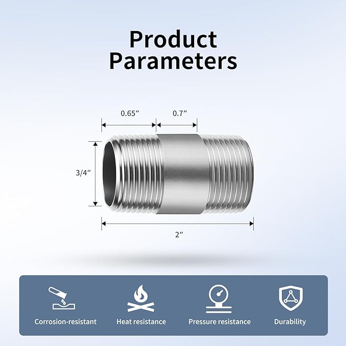 3/4"x2" 304 Stainless Steel Pipe, 3/4" NPTx 3/4" NPT Male Threaded Nipple, SCH40 Heavy Duty Pre-Cut Steel Pipe for Plumbing Gas, Hydraulic, and Industrial Applications(2", 6 Piece)