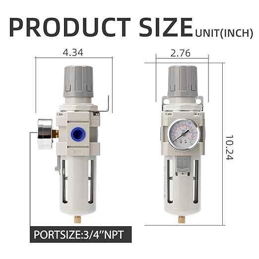 Air Compressor Water Separator Filter 3/4" NPT 0-150 PSI,Compressed Filter Regulator Combo,Poly Bowl,Semi-Auto Drain