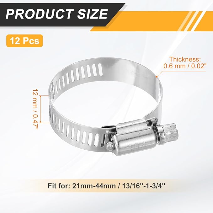 HARFINGTON 12 Pcs Hose Clamp 13/16"-1-3/4" (21-44mm) 304 Stainless Steel Adjustable Worm Gear Hose Clamp Assortment Kit for Fuel Line Pipe Plumbing Automotive Tube Mechanical