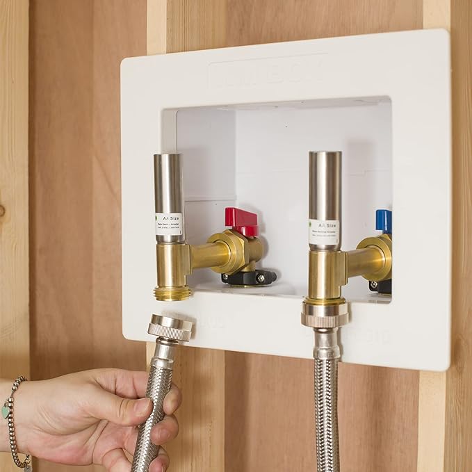 Washing Machine Outlet Box with Water Hammer Arrestor,1/2 Inch Push-fit Inlet Connection,3/4 Inch MHT Outlet Male Thread Connection, PEX Box with Center Drain, with 1/4-Turn Ball Valve