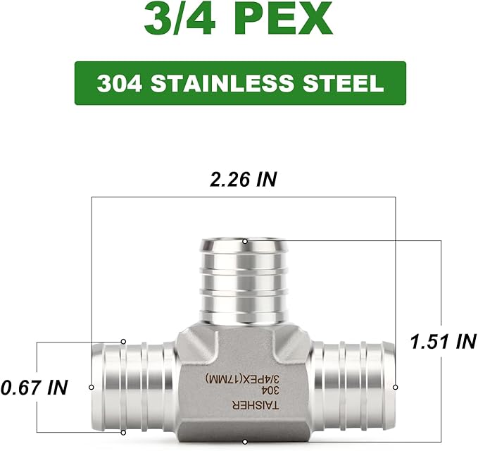 TAISHER 2PCS 304 Stainless Steel Tee Pex Fittings, 3/4" Pex Fitting With 6PCS Hose Clamp For Pex Tubing Pipe